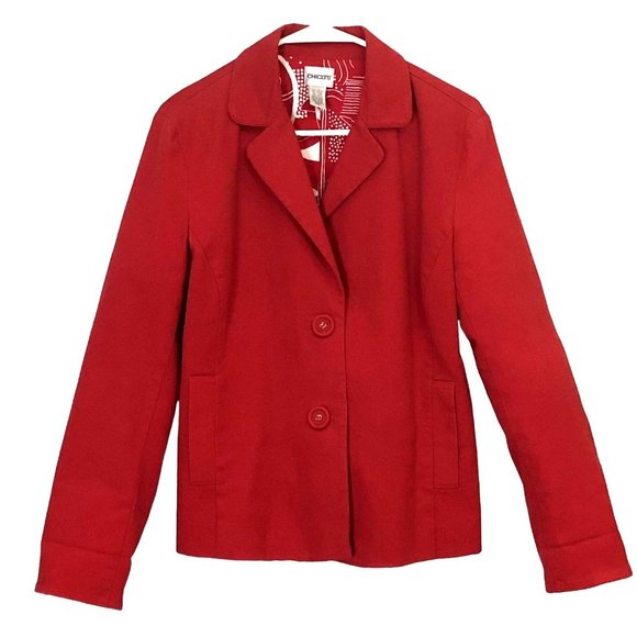 Chico's Jackets & Blazers - Chicos Red Jacket Womens Size 1 Blazer Long Sleeve Button Down Pockets Career